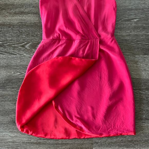 Lavender Brown Silk Hot Pink Faux Wrap Mini Dress Size S Made in USA - Picture 10 of 12